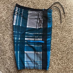 Hurley Mens Bathing Suit/Board-shorts, White/Black/Blue, Waist 32”, Length 21”